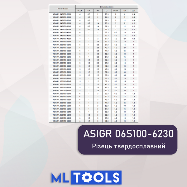 ASIGR 06S100-6230 AP220U Канавочний різець (1 мм, карбідний, для сталі, ЧПК) ASIG06S100 фото